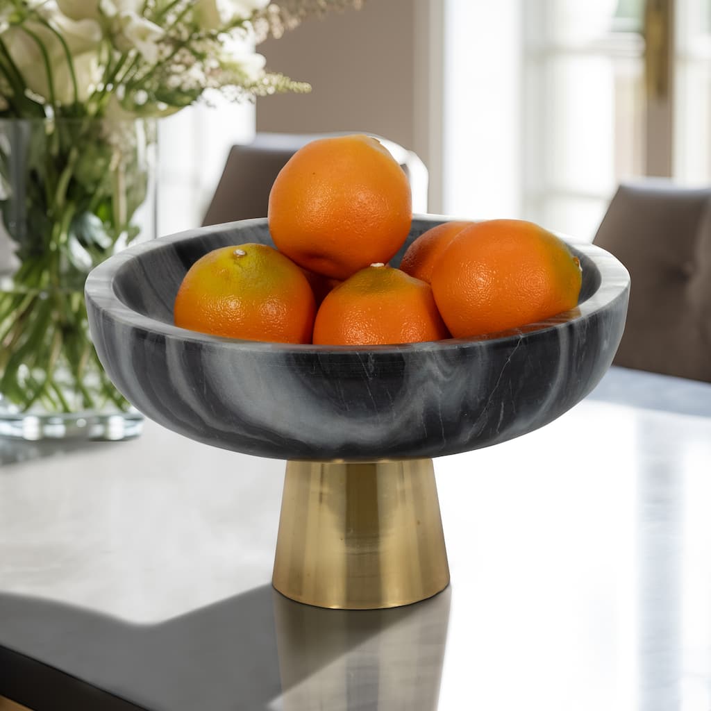 Sagebrook Home 12" Dazey Grey Marble Bowl, 7"H, Gold Base - 12" x 12" x 7"