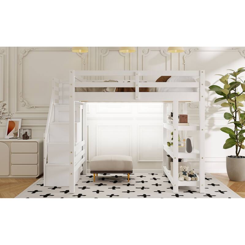 Full Size Pinewood Loft Bed with Shelves, Storage Staircase, Wardrobe and LED Light