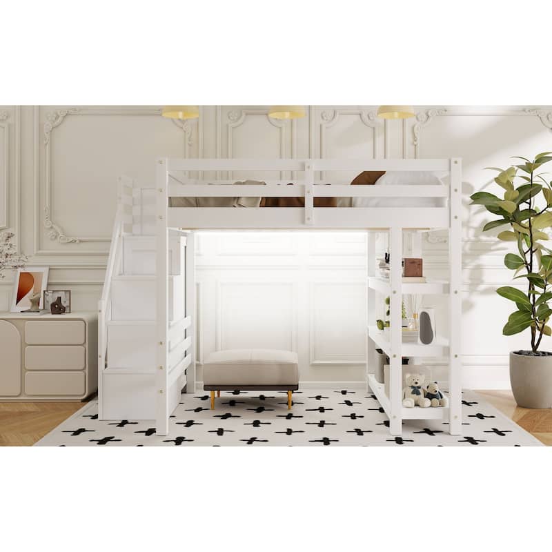 Wooden Loft Bed Frame with 4-tier Storage Shelf, Small Wardrobe, White LED Light and Storage Staircase, Space Saving Storage Bed