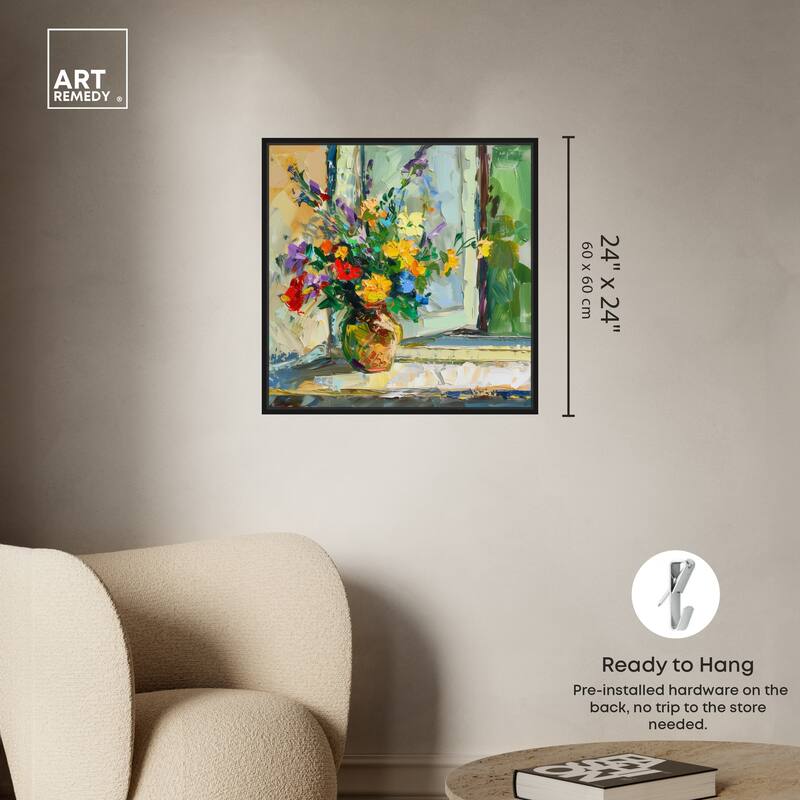 Art Remedy Vase By The Window Framed Impressionism 1 Piece Canvas Wall Art /Monet And Van Gogh Inspired Art