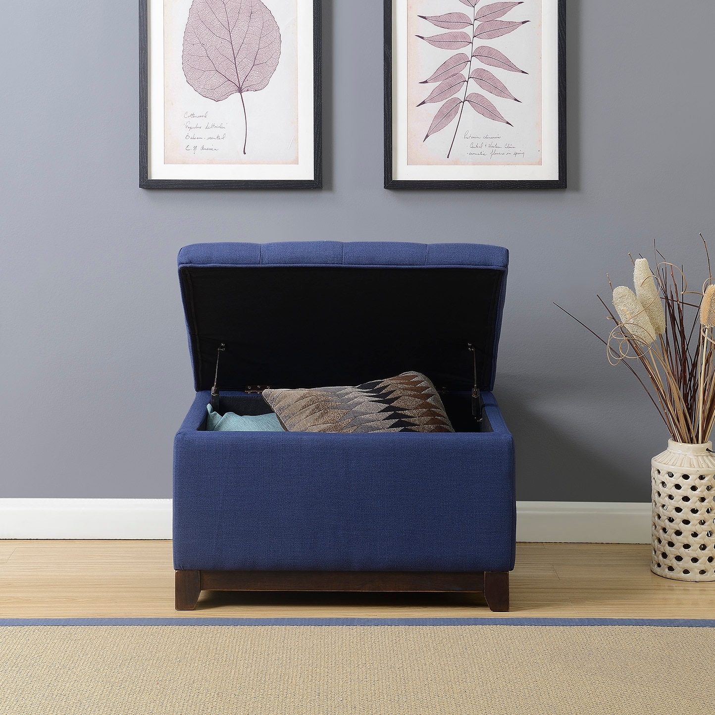 Belleze Linen Ottoman Storage Bench Stool Large Footrest Seat Belleze Linen Ottoman Storage Bench Stool Large Footrest Seat Tufted Foot Navy Blue