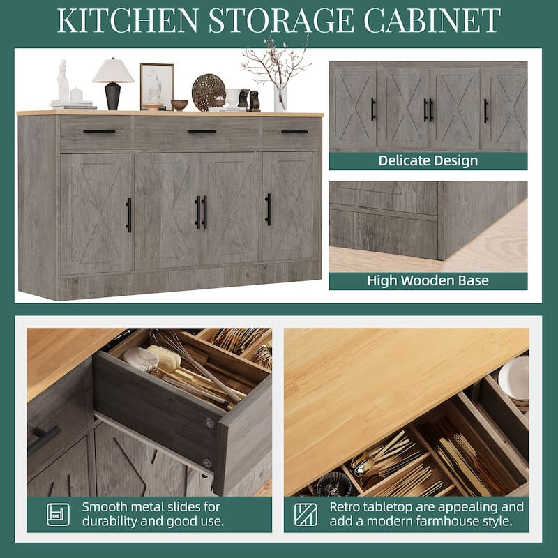 Kitchen Buffet Sideboard Storage Cabinet with Adjustable Shelves, Retro Design(3 Color Options)