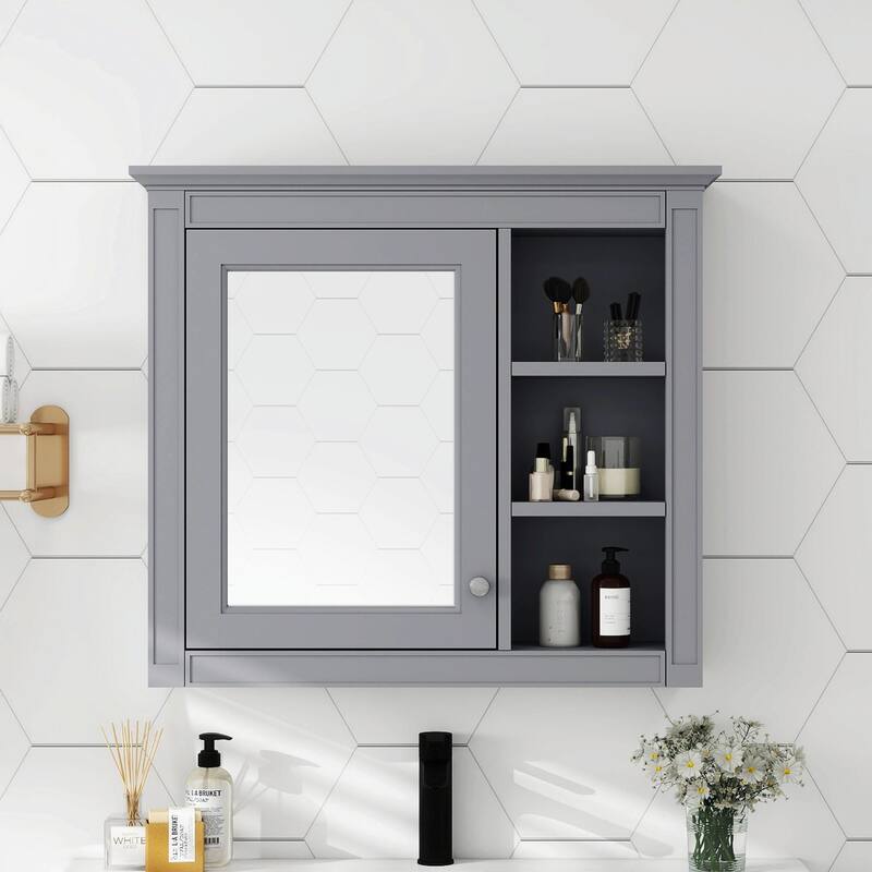30'' x 28'' Modern Wall Mounted Bathroom Storage Cabinet with Mirror - Grey