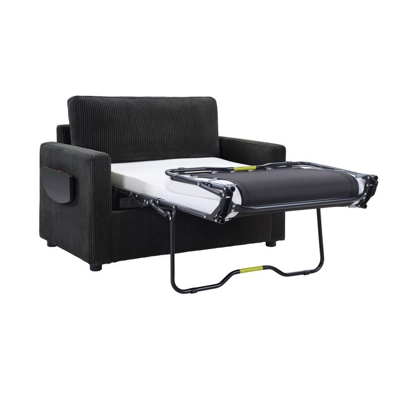 Twin Size Convertible Sleeper Sofa with Foldable Table, USB Ports and Lumbar Pillows, Black Corduroy