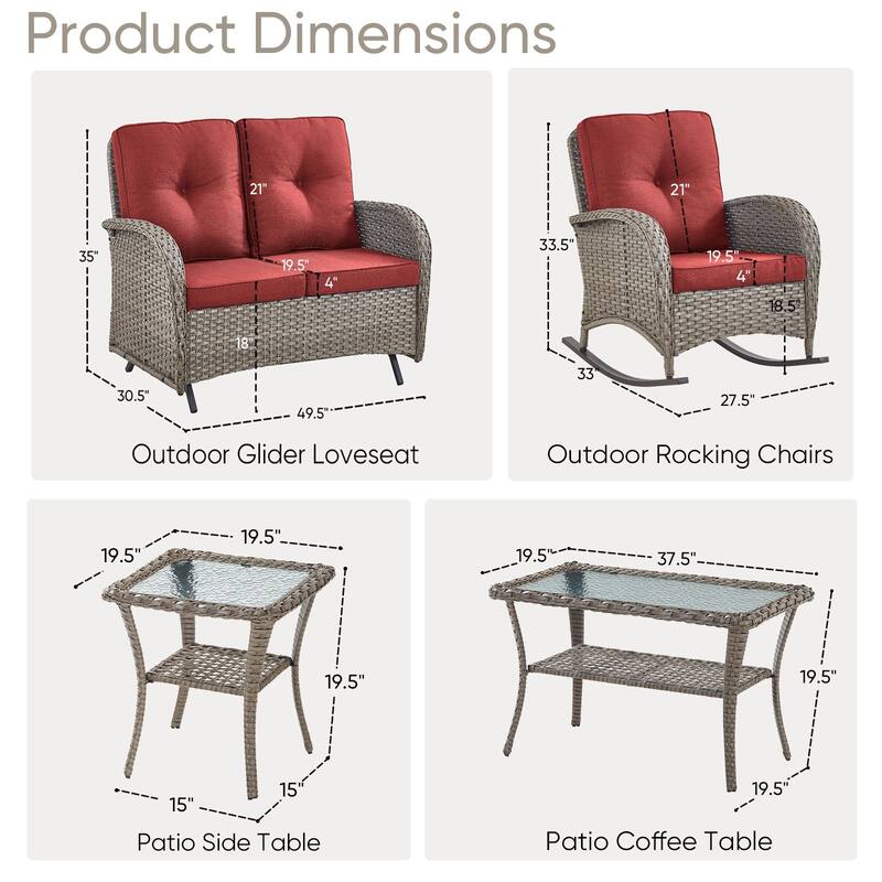 Pocassy 5 Pieces Glider Sofa with Rocker Chairs Ottomans