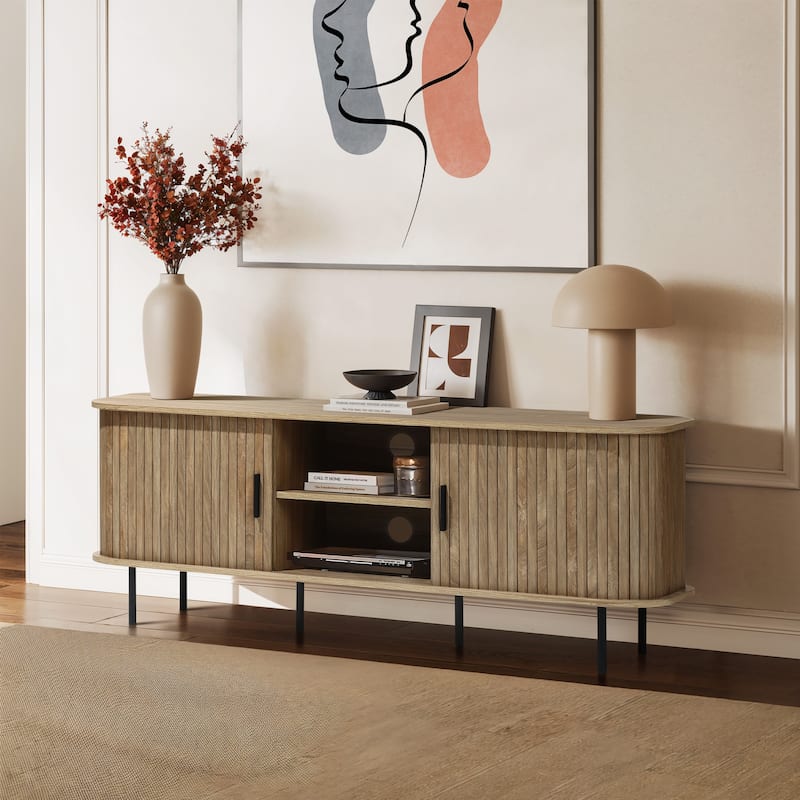 Mid-Century Modern 2-Door 55.1-Inch Wide TV Console with Slatted Slidng Doors - 21.7" H x 55.1" W x 15.75" D