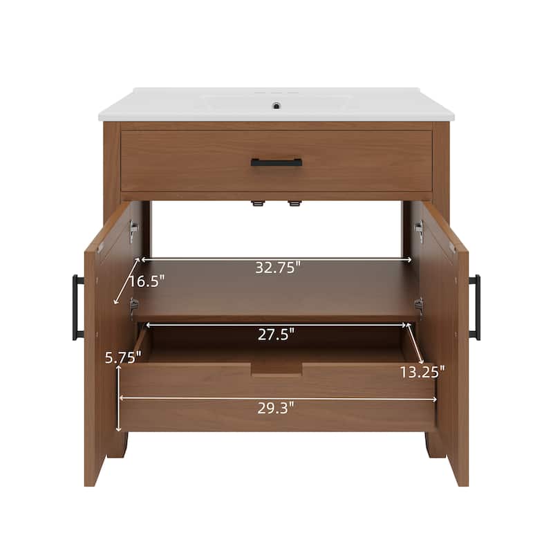 36" Bathroom Vanity with Ceramic Sink, Bathroom Sink Cabinet with 2 Soft Close Doors and 3 Drawers