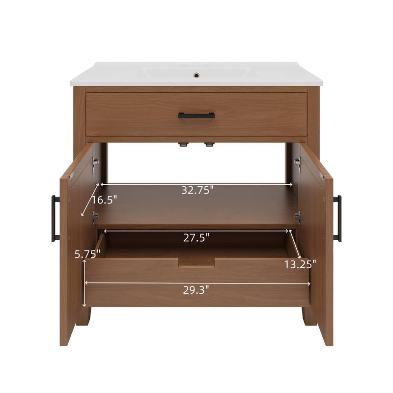Roomfitters 36" Rattan Bathroom Vanity with Ceramic Sink, Modern Cabinet with Soft-Close Doors and Storage units