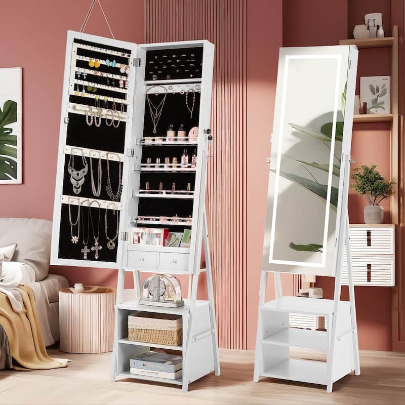 VECELO Standing Jewelry Cabinet Armoire with Adjustable LED Lights and Multi-functional Storage Shelf Drawers