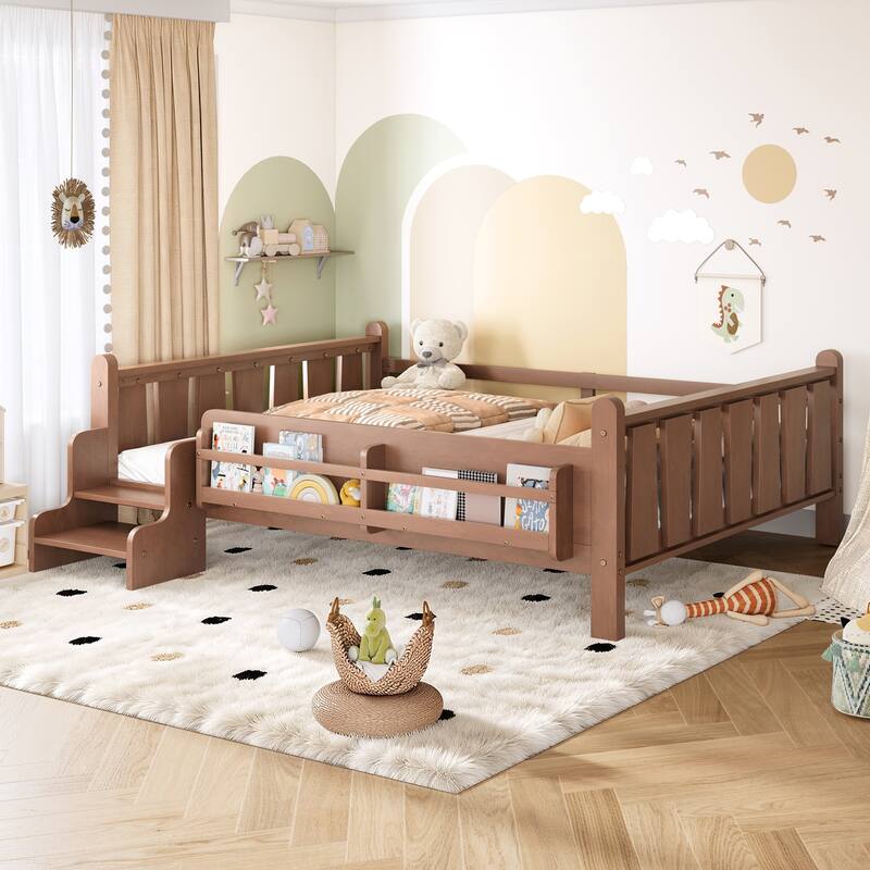 Full/Twin Floor Bed with Storage Bookcases & Cute Stairs - Solid Wood Kids Bed, No Box Spring