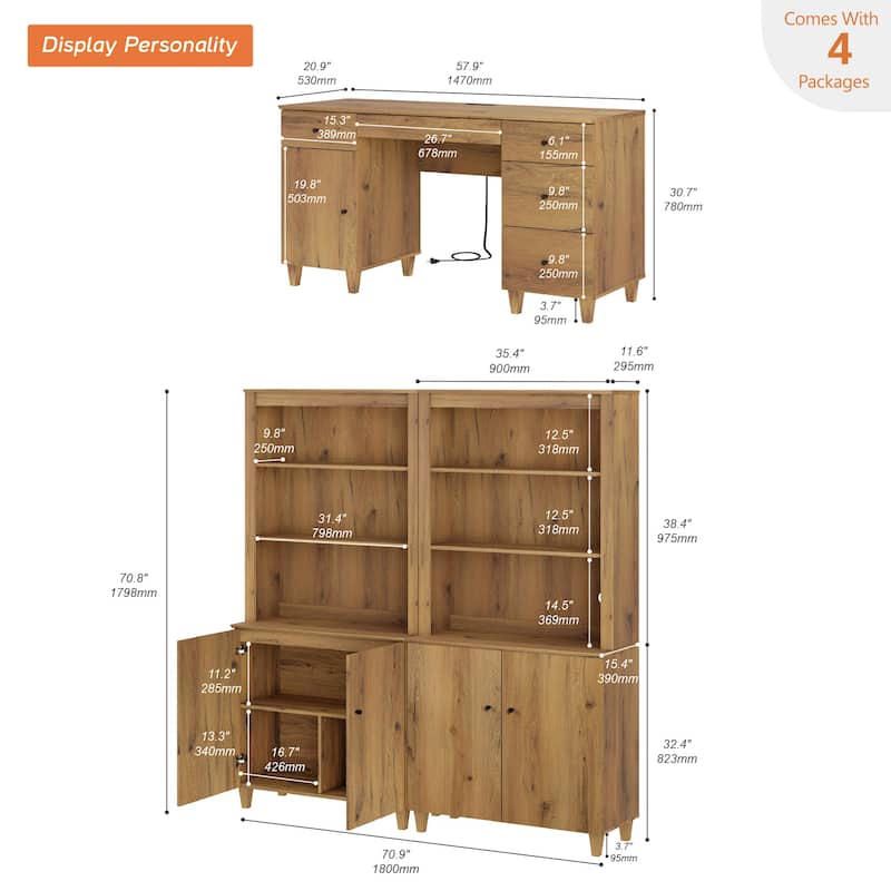 WAMPAT Home Office Furniture Set, 58" Executive Desk with Cabinet, 2-Column 71" Tall Bookcase with Doors and Adjustable Shelves