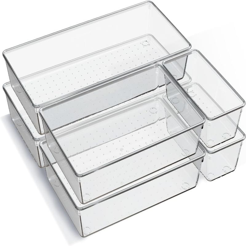 6 Pack Large Clear Plastic Drawer Organizer Trays