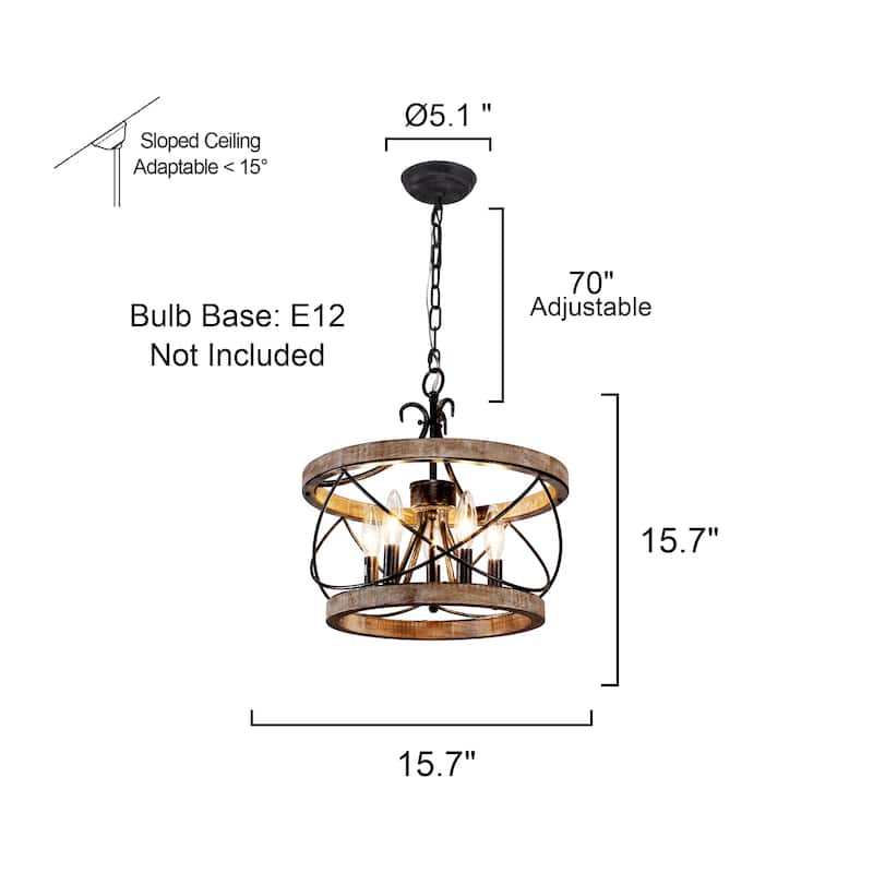 Bella Depot 5-Light Rustic Cage Wood Chandelier Dimmable Lighting, 15.7" Adjustable Farmhouse Pendant Light for Kitchen Island