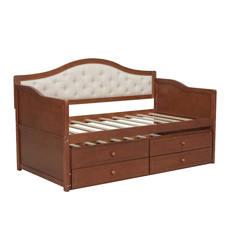 Wooden Frame Day Bed, Twin Size Daybed with Trundle Bed, Upholstered Tufted Button Backrest Sofa Bed with 2 Storage Drawers