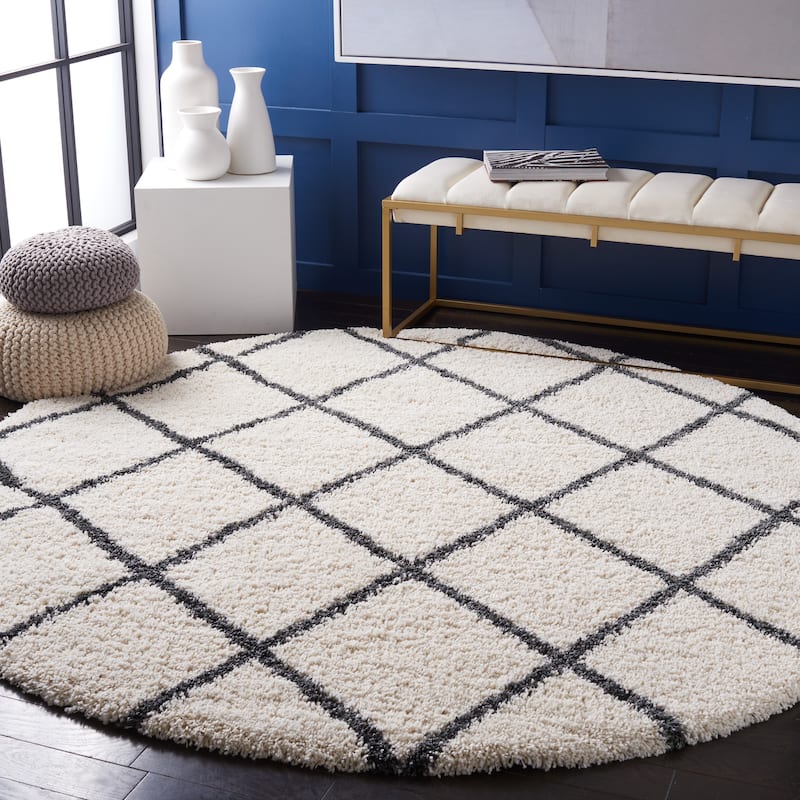 SAFAVIEH Hudson Shag Sherree Trellis 2-inch Thick Rug - 7' Round - Ivory/Dark Grey