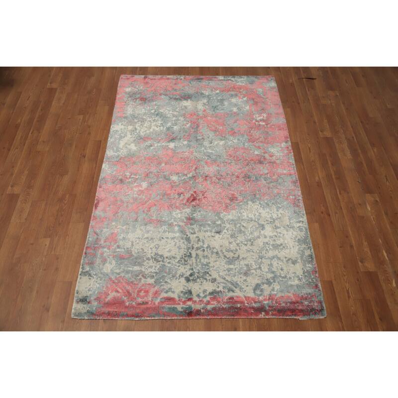Hand Knotted Oriental Viscose Silk Carpet Modern Abstract Pink Abstract Area Rug - 6' 4'' X 4' 1''