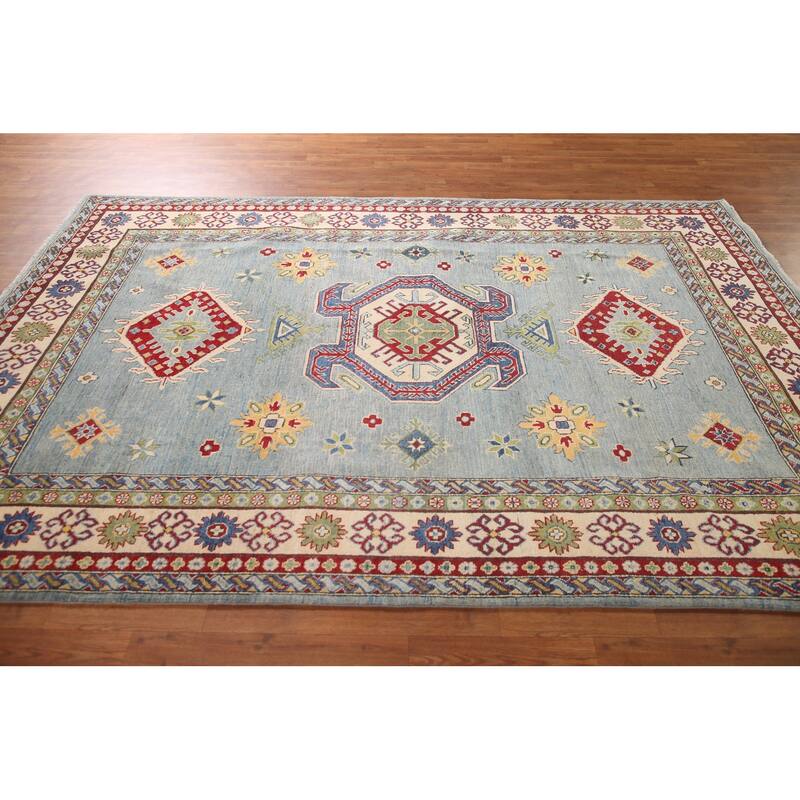 Light Blue Kazak Area Rug Hand-Knotted Traditional Wool Carpet - 6'6" x 9'7"