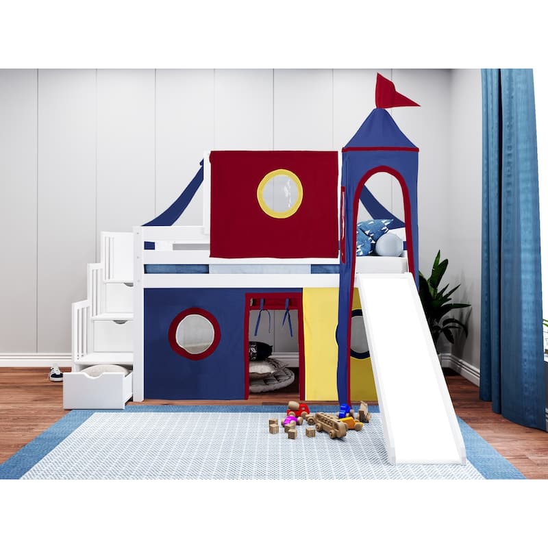 JACKPOT Prince & Princess Low Loft Twin Bed, Stairs Slide Tent & Tower