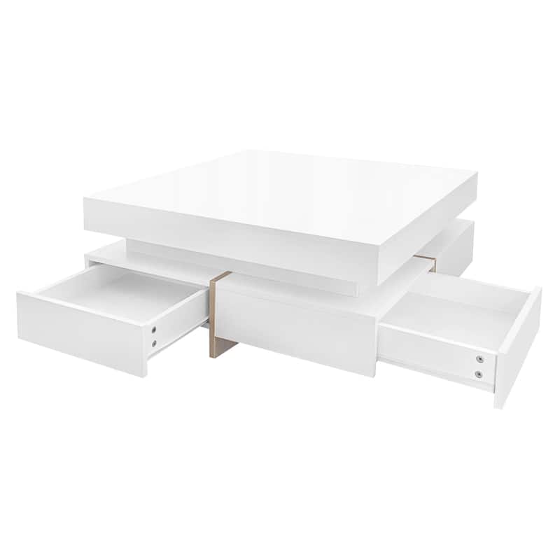 Roomfitters Modern High Gloss Square Coffee Table, Multi-Storage Center Table with Hidden Compartments and Wood Grain Legs