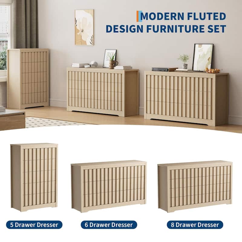 5/6/8 Drawer Fluted Dresser for Bedroom, Modern Chest of Drawers with Handlels