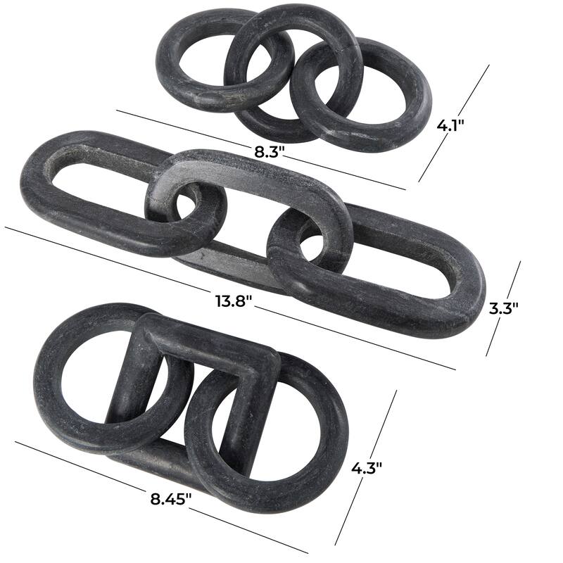 Marble Geometric 3 Link Chain Sculpture with Various Shapes (Set of 3) - Black, White, Gray
