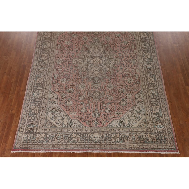 Geometric Pink Tabriz Persian Vintage Rug Hand-Knotted Wool Carpet - 7'11" x 11'2"