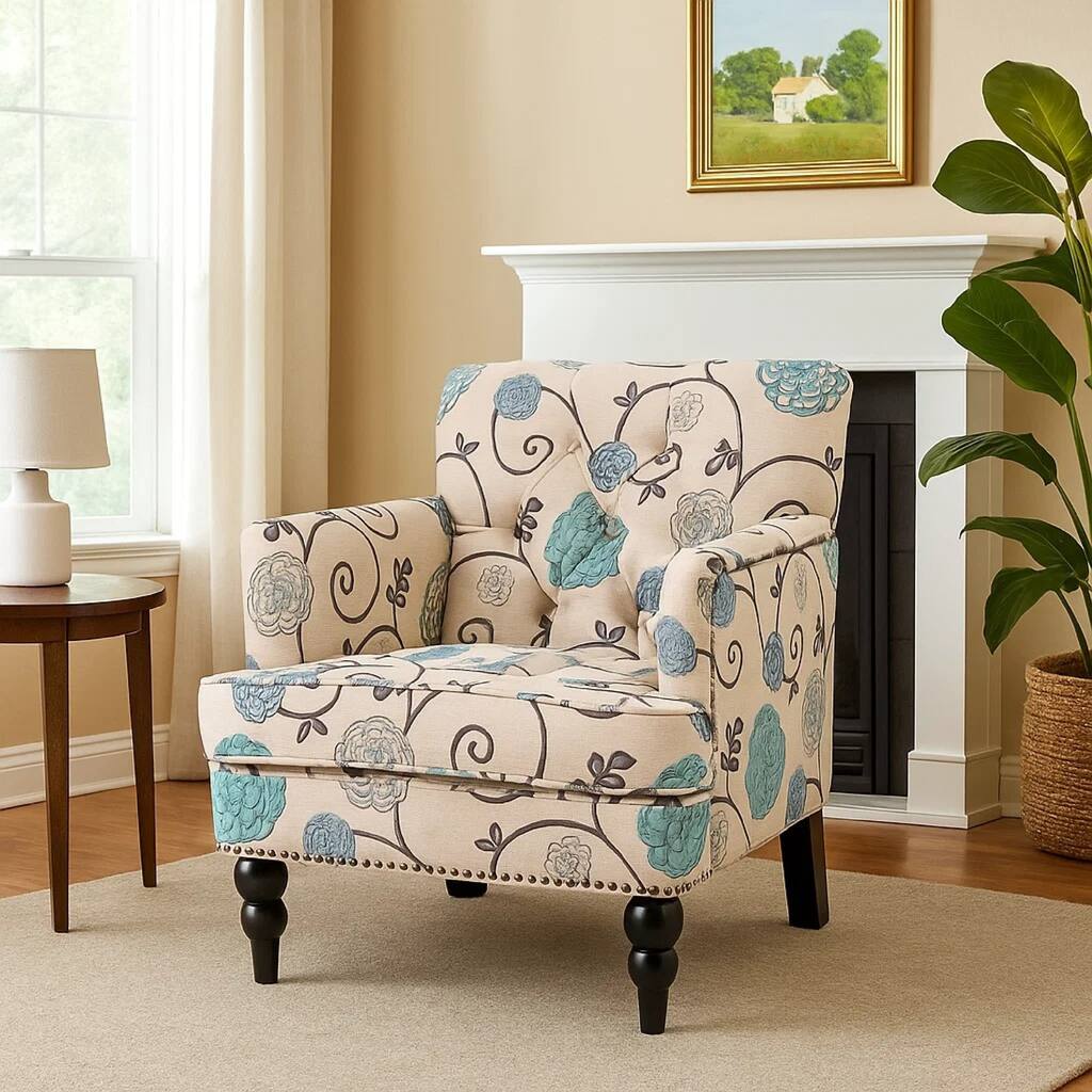 Lit Club Chair, Beige Tufted Floral Upholstery, Nailhead Brown Wood