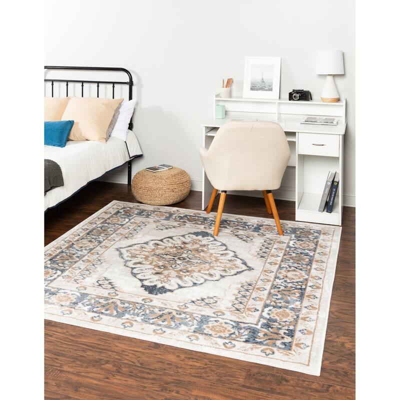 Contemporary Trabzon Collection Area Rug - Ivory-Blue - 4' Square