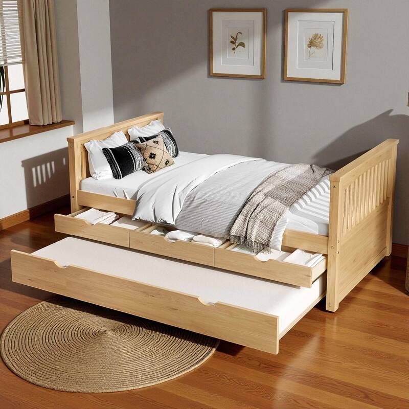 Twin Solid Wood Platform Bed with Drawers and Trundle, Space-Saving Daybed Frame with Storage, No Box Spring Needed - Natural - Twin