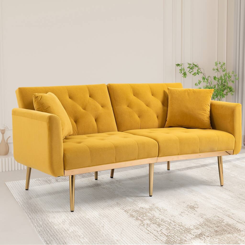 Mustard 65.35" Velvet Futon Sofa Bed with Adjustable Backrest