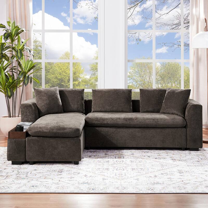 L-Shaped Sectional Sofa with Chaise Lounge, Chenille Upholstered Sleeper Couch with Wooden Storage Compartment & Throw Pillows