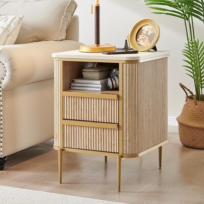 Modern Luxury Fluted Nightstand with faux marble tabletops, End Table