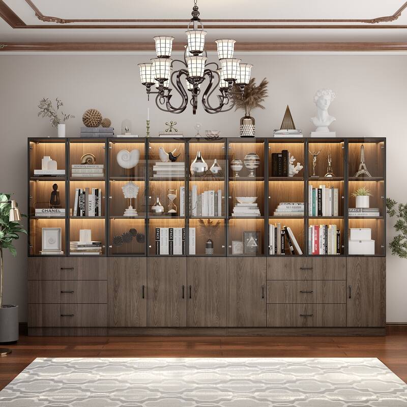 LED-Lit Wood Grain Cabinet - Configurable Storage for Home or Office