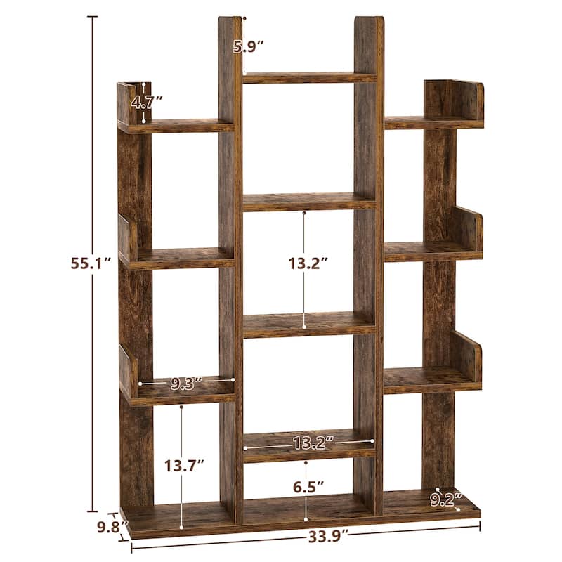 Industrial Wood Bookshelves with 13 compartments,Tree-Shaped Bookcase,Books Organizer Display Shelves