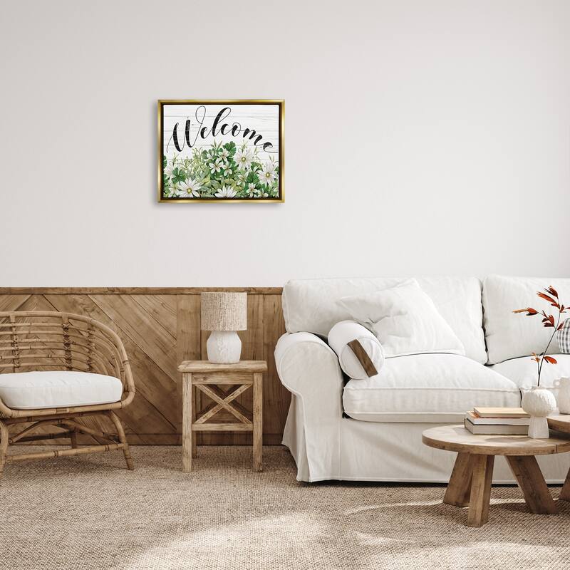 Stupell Welcome Rustic Planked Sign White Flower Blossoms Floater Frame, Design by Cindy Jacobs