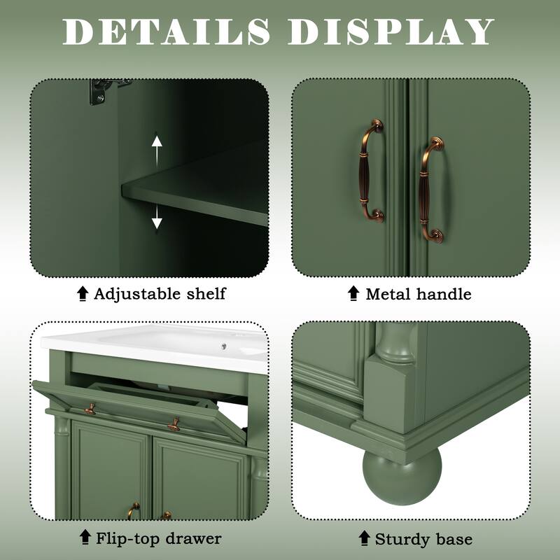 27.8-Inch Mid-Century Bathroom Vanity Sink with Roman Column Base, Farmhouse Freestanding Storage Cabinet