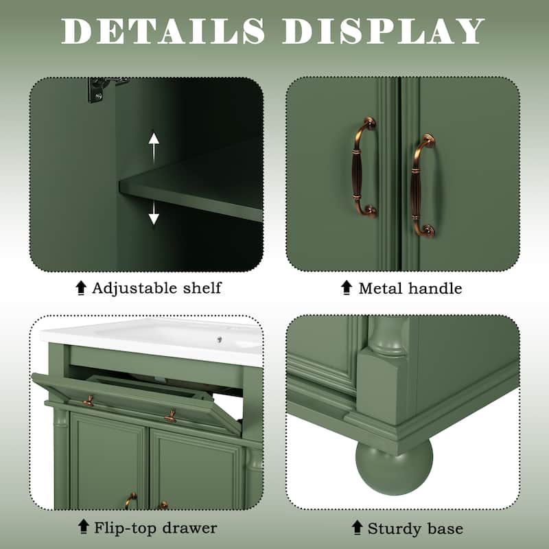 28"/36" Bathroom Vanity with Sink, Integrated Ceramic Basin Vanity Cabinet with Roman Column Base, Solid Wood Frame