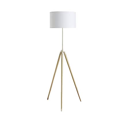 Gold Metal Adjustable Tripod Floor Lamp With White Linen Drum Shade - 23" x 23" x 64"