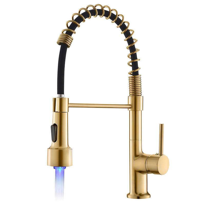 Single Handle Brushed Gold Pull Down Kitchen Faucet with LED Spray - 8"*16.1"