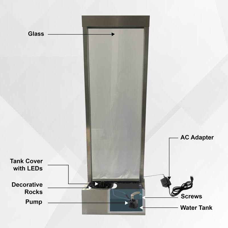 XBrand 68 in H Freestanding Waterfall Fountain, LED Lights & Auto-Shut Off Pump, Stainless Steel/Mirror Glass,Silver Frame
