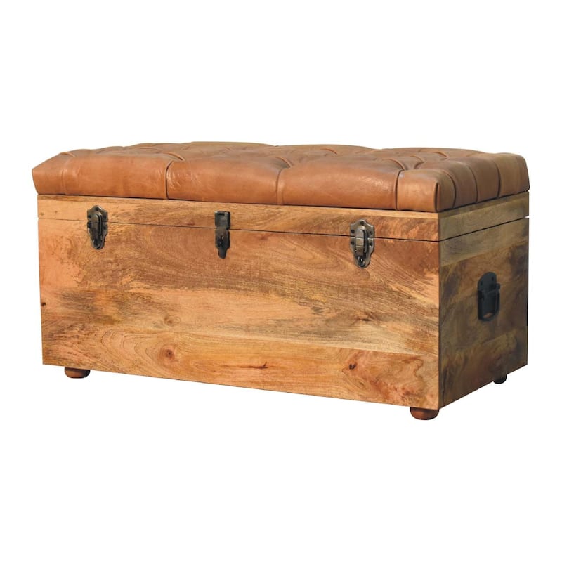 Artisan Furniture Solid Wood Buffalo Hide Oak-ish Storage Trunk, Brown with storage