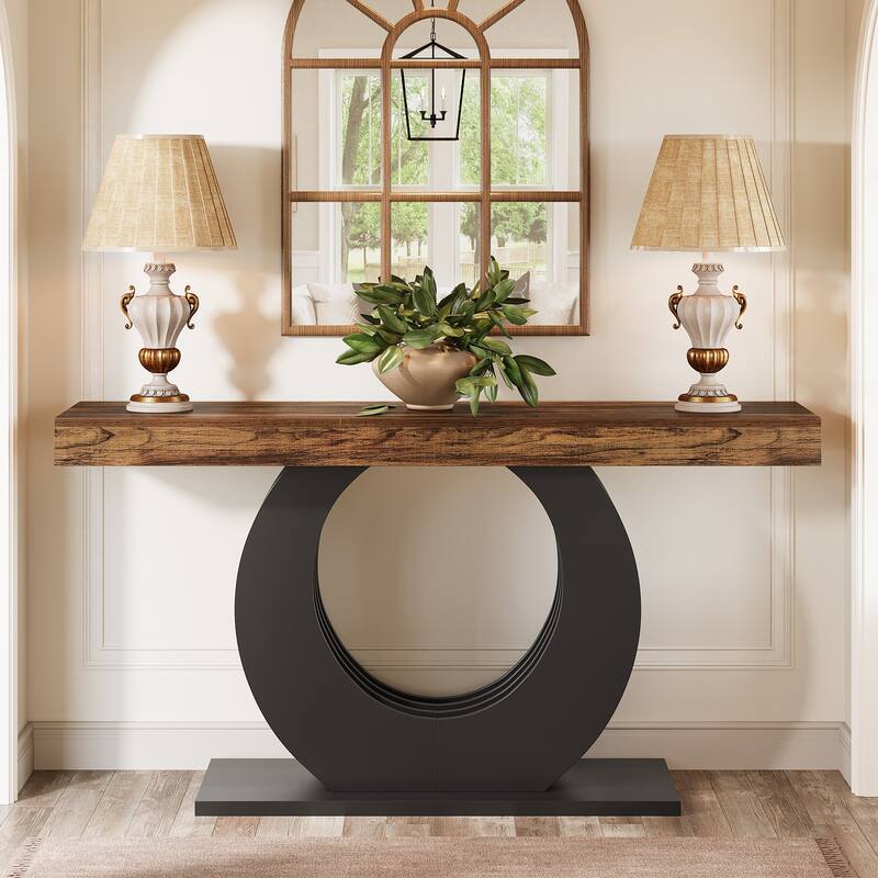 63" Console Table, Long Sofa Entryway Accent Table, Living Room Hallway Behind Sofa Table - Brown+Black