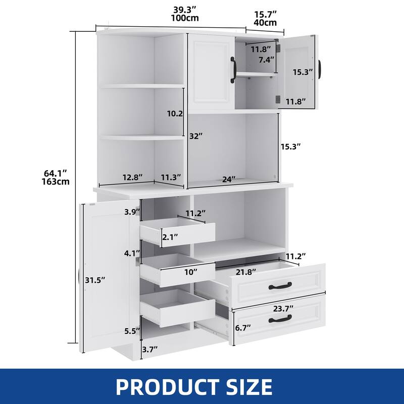 64" White Kitchen Pantry w/ Power Outlet, Sliding Racks & 3 - Tier Shelves