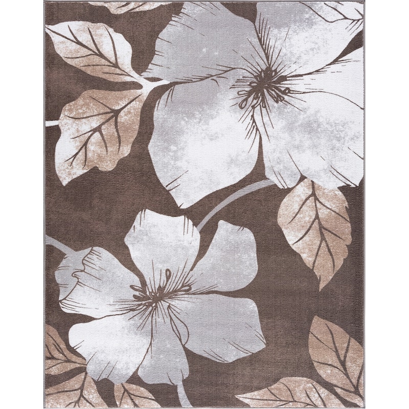 Bahamas Black White Floral Non-Slip Rubber Back Indoor Area Rug - 5 X 7 - Gray Brown
