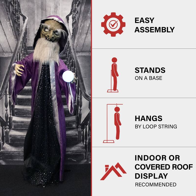 Haunted Hill Farm The Great Zoltan Animatronic Talking Wizard with Movement and Light-Up Crystal Ball for Halloween Decoration