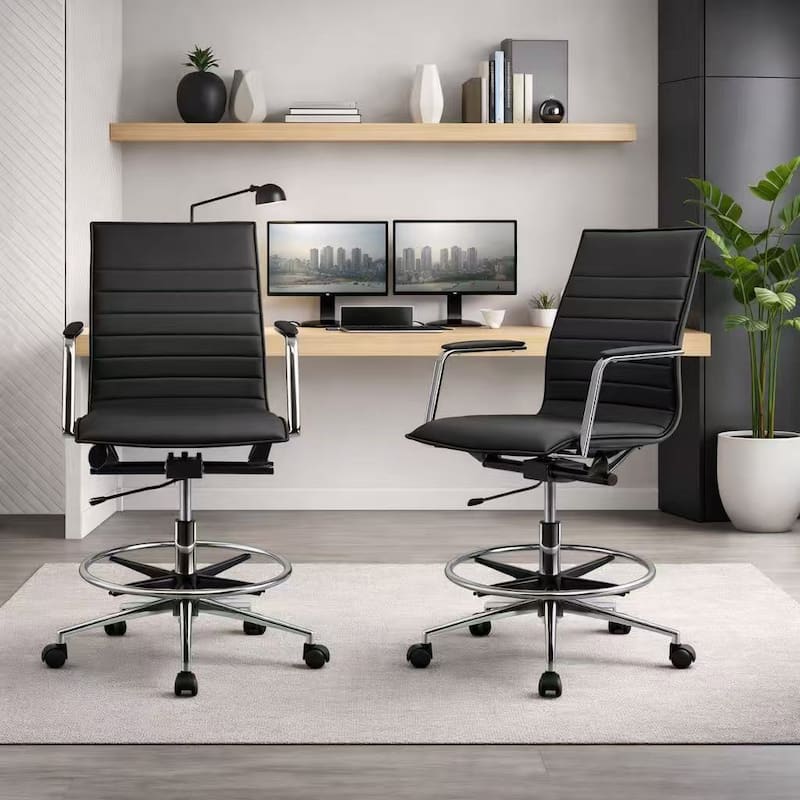 Set of 2 Modern Drafting Chair Upholstered PU Leather Ribbed Armless Mid Back with High Adjustable Base & Leg Rest