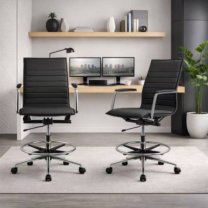 Set of 2 Modern Drafting Chair Upholstered PU Leather Ribbed Mid Back with Tall Adjustable Rest Computer Armchair