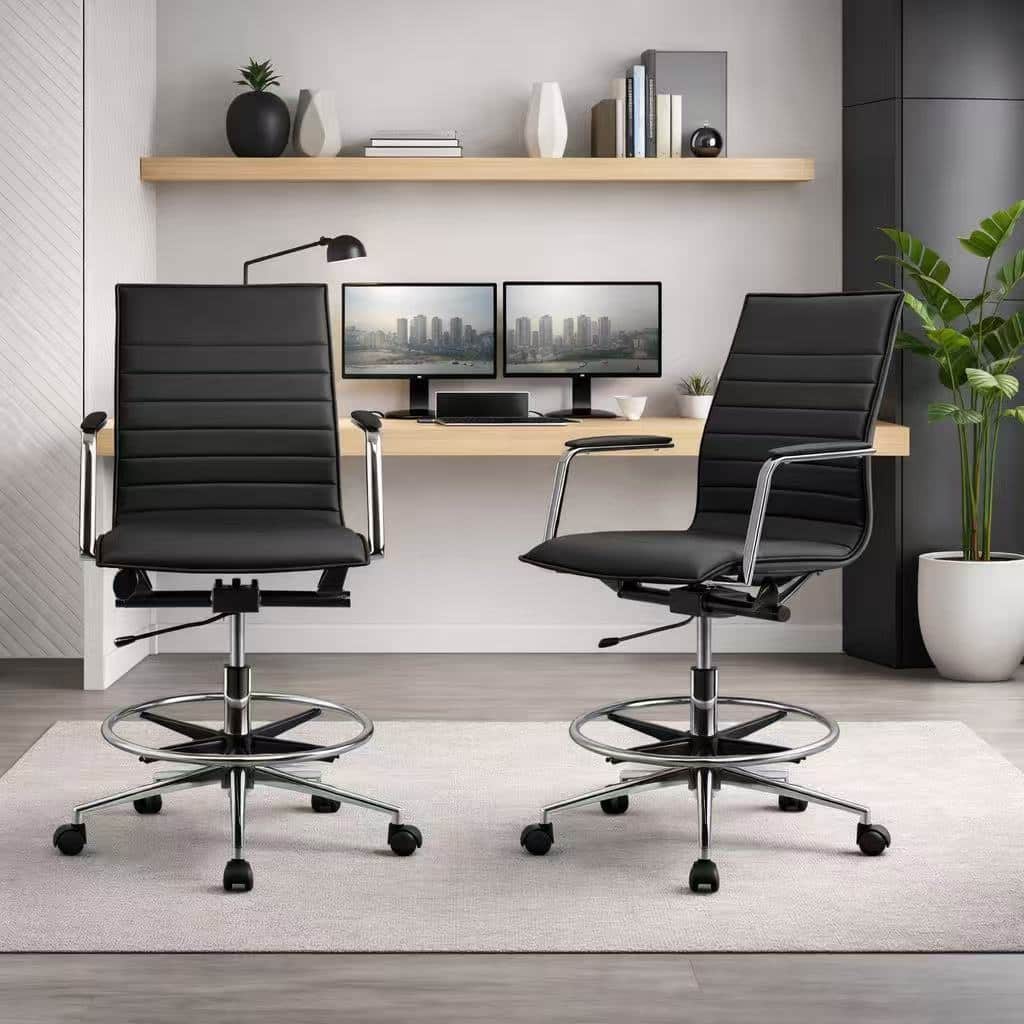 Set of 2 Modern Drafting Chair Upholstered PU Leather Ribbed Mid Back with Tall Adjustable Rest Computer Armchair