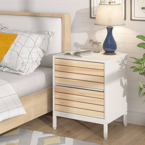 Nightstand with 2-Drawer, White Wood Bedside Table