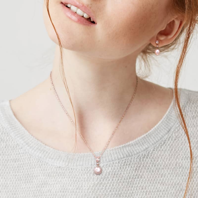 Miadora Cultured FW Pearl, Morganite & Diamond Accent Earrings & Necklace in 10k Rose Gold (9-9.5mm)